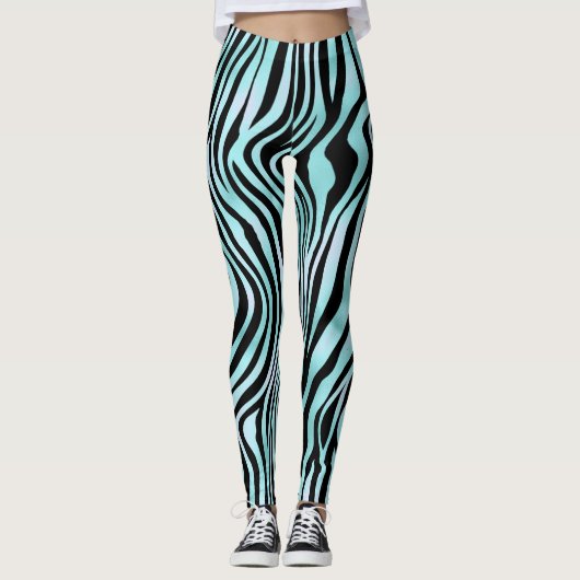 Zebra Stripe Turquoise Blauwgroen en zwart Leggings (Voorkant)