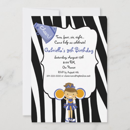 Zebra Striped Blue Cheerleader Birthday Invite Kaart (Voorkant)
