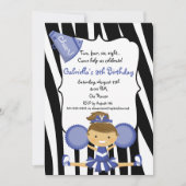 Zebra Striped Blue Cheerleader Birthday Invite Kaart (Voorkant)