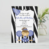 Zebra Striped Blue Cheerleader Birthday Invite Kaart (Staand voorkant)