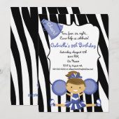 Zebra Striped Blue Cheerleader Birthday Invite Kaart (Voorkant / Achterkant)