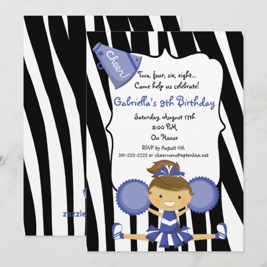 Zebra Striped Blue Cheerleader Birthday Invite Kaart (Voorkant / Achterkant)