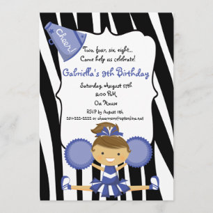 Zebra Striped Blue Cheerleader Birthday Invite Kaart