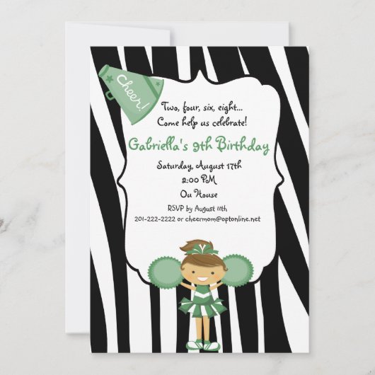Zebra Striped Green Cheerleader Birthday Invite Kaart (Voorkant)