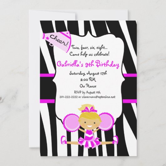 Zebra Striped Hot Pink Cheerleader Birthday Invite Kaart (Voorkant)