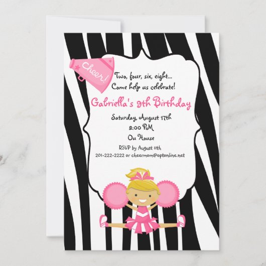 Zebra Striped Pink Cheerleader Birthday Invite Kaart (Voorkant)