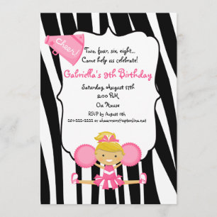 Zebra Striped Pink Cheerleader Birthday Invite Kaart