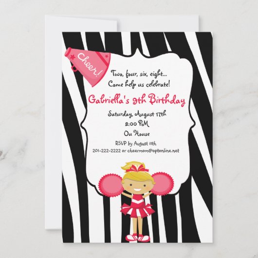 Zebra Striped Red Cheerleader Birthday Invite Kaart (Voorkant)