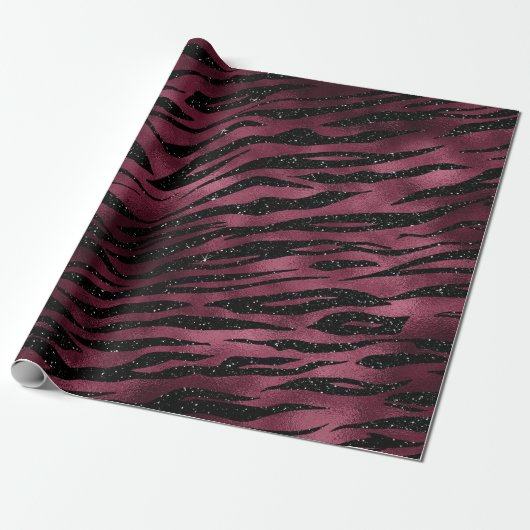 Zebra Stripes Black Marsala Glitter Burgundy Glam Cadeaupapier (Uitgerold)