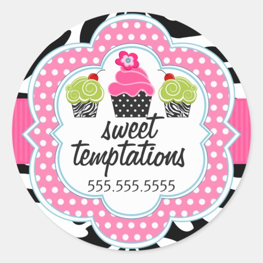 Zebra Stripes Cupcake Bakkerij Business Ronde Sticker (Voorkant)