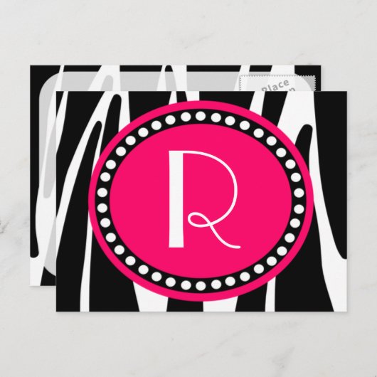 Zebra Stripes en Hot Pink Monogramed Post Cards Uitnodiging Briefkaart (Voorkant / Achterkant)
