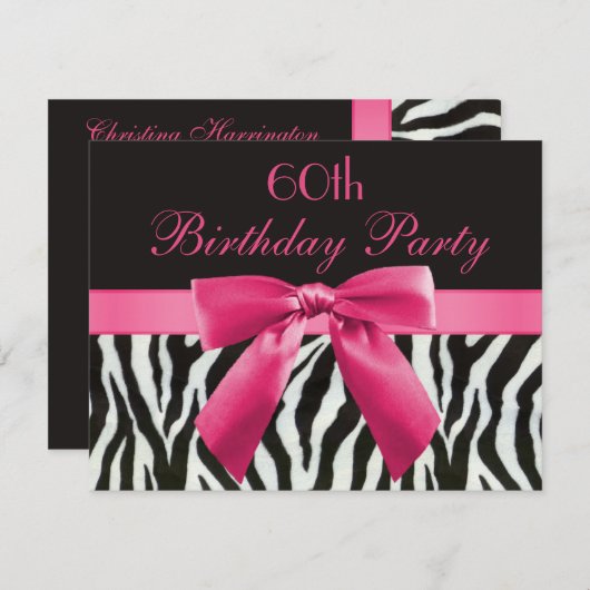 Zebra Stripes & Hot Pink Printed Bow 60th Birthday Kaart (Voorkant / Achterkant)