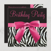 Zebra Stripes & Printed Pink Bow Birthday Party Kaart (Voorkant / Achterkant)