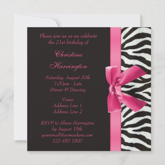 Zebra Stripes & Printed Pink Bow Birthday Party Kaart (Achterkant)