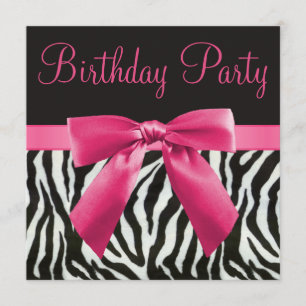 Zebra Stripes & Printed Pink Bow Birthday Party Kaart