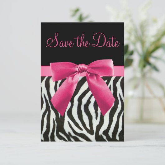 Zebra Stripes & Roze gedrukte Bow sparen de Datum Save The Date (Staand voorkant)
