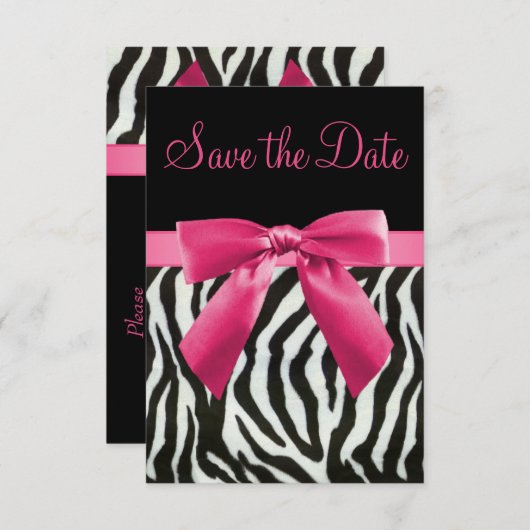 Zebra Stripes & Roze gedrukte Bow sparen de Datum Save The Date (Voorkant / Achterkant)