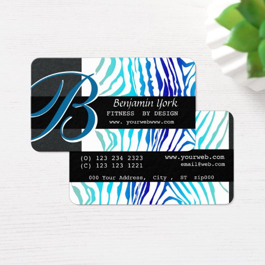 Zebra Stripes Turquoise Blue Bold Monogram Visitekaartje (Bureau)