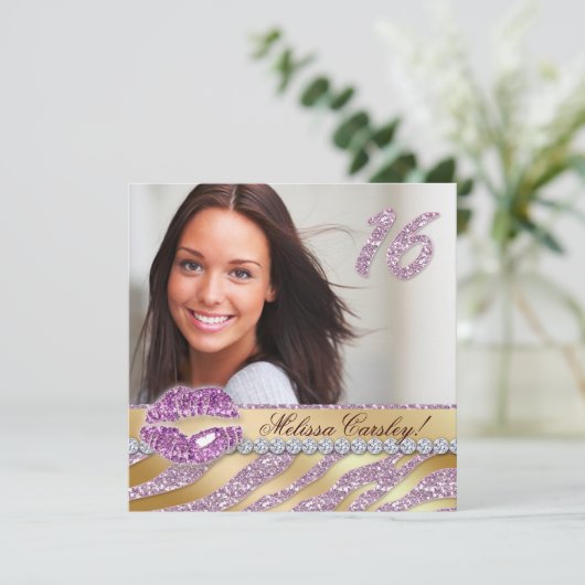 Zebra Sweet 16 Partij nodigt roze goudmakreel uit Kaart (Staand voorkant)