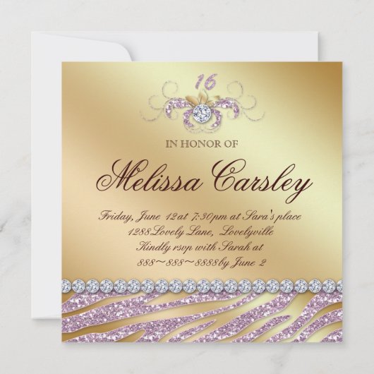 Zebra Sweet 16 Partij nodigt roze goudmakreel uit Kaart (Achterkant)