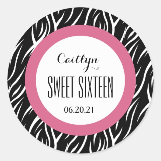 ZEBRA Sweet Sixteen 16 Custom V16 ZWART EN ROZE Ronde Sticker (Voorkant)