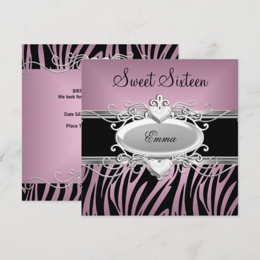 Zebra Sweet Sixteen 16-partij Silver Pink Black Kaart (Voorkant / Achterkant)