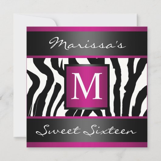 Zebra Sweet Sixteen Monogram Kaart (Voorkant)