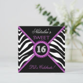 Zebra Sweet Sixteen Paarse Lace Bling Invitations Kaart (Staand voorkant)