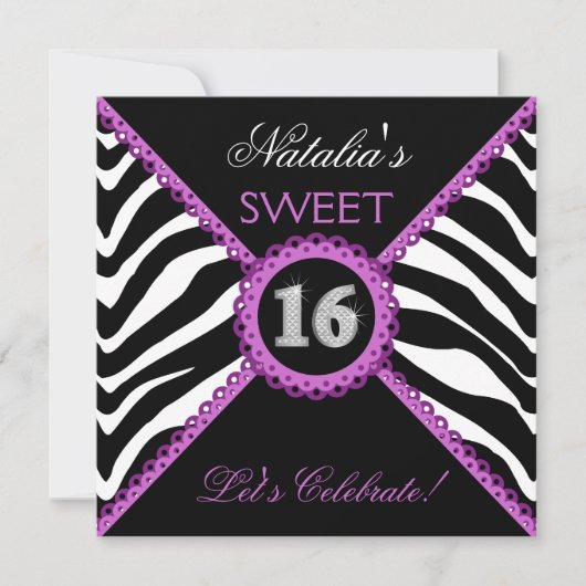 Zebra Sweet Sixteen Paarse Lace Bling Invitations Kaart (Voorkant)