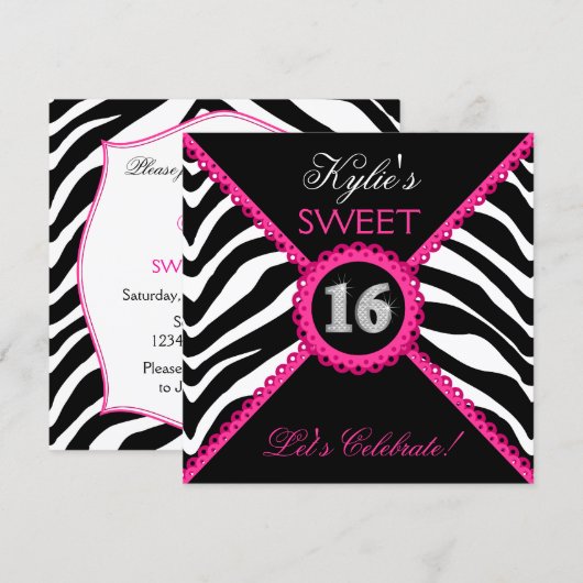 Zebra Sweet Sixteen Roze kant Bling Kaart (Voorkant / Achterkant)
