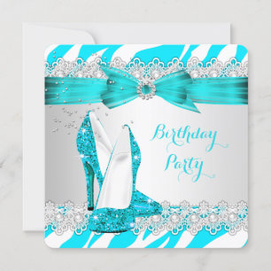 Zebra Teal Blauw Hoge Hak Kant Parel Verjaardag Kaart