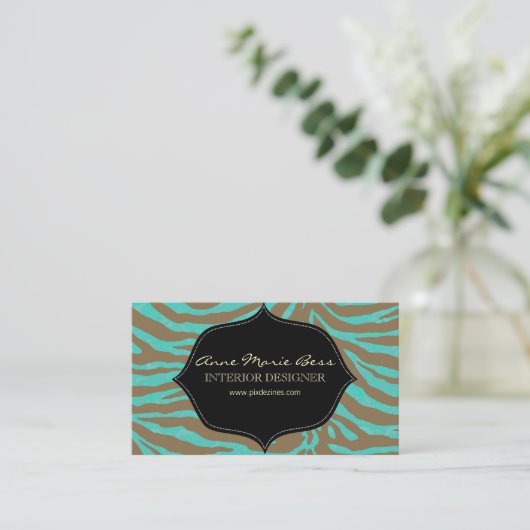 Zebra + turquoise Damask Visitekaartje (Staand voorkant)