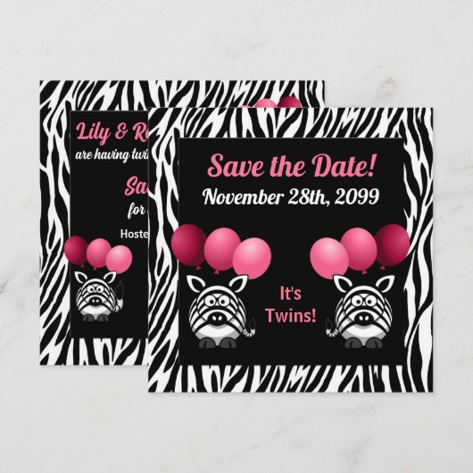 Zebra Twin Girls Baby shower Save the Date (Voorkant / Achterkant)