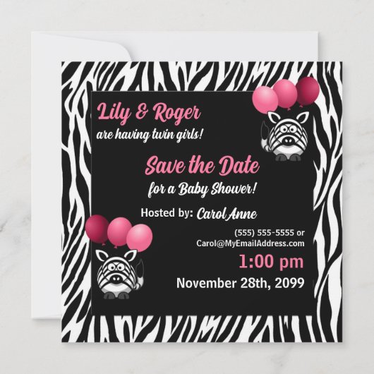 Zebra Twin Girls Baby shower Save the Date (Achterkant)