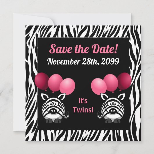 Zebra Twin Girls Baby shower Save the Date (Voorkant)