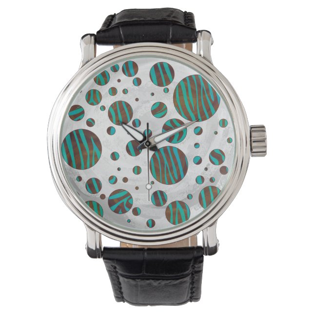 Zebra van bruine en Blauwgroen pokadots Horloge (Voorkant)