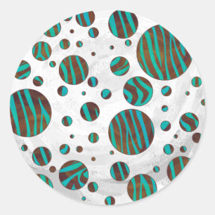 Zebra van bruine en Blauwgroen pokadots Ronde Sticker