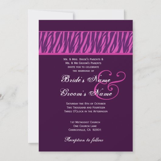 Zebra van de Eggplant Paars en Fuchsia Wedding Sja Kaart (Voorkant)