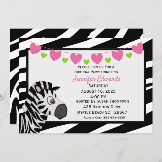 Zebra verjaardagsfeest uitnodiging (Voorkant / Achterkant)