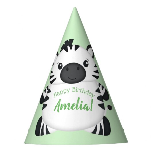 Zebra Verjaardagsfeestje Groen Feesthoedjes (Voorkant)