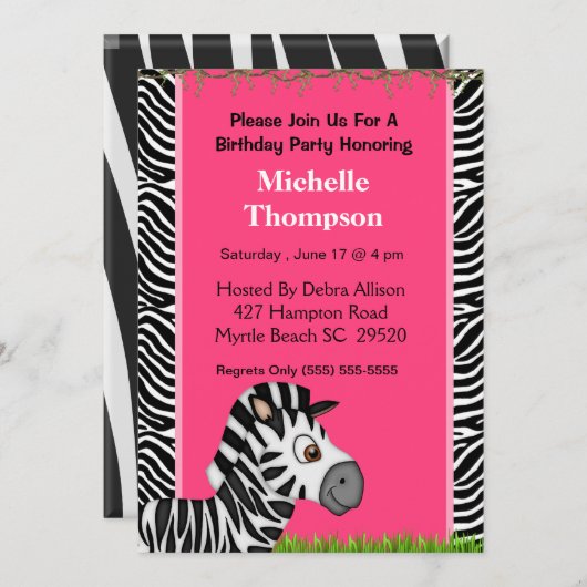 Zebra verjaardagsuitnodiging kaart (Voorkant / Achterkant)