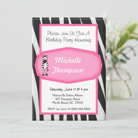 Zebra verjaardagsuitnodiging kaart (Staand voorkant)