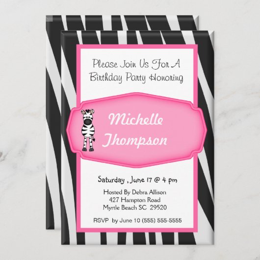Zebra verjaardagsuitnodiging kaart (Voorkant / Achterkant)