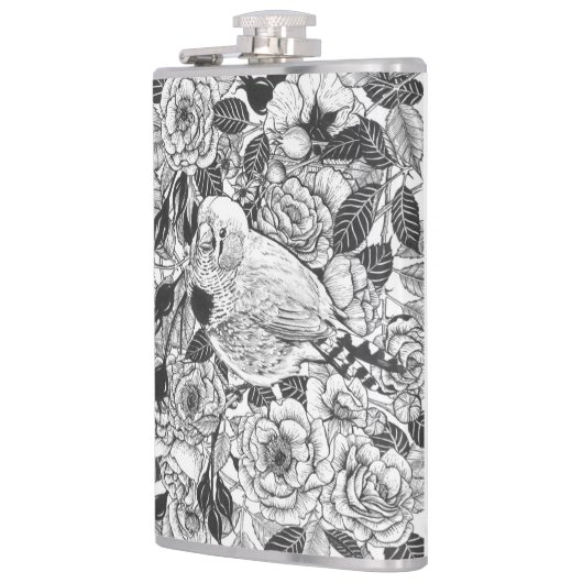 Zebra vinken en rozen struiken inkttekening heupfles (Links)