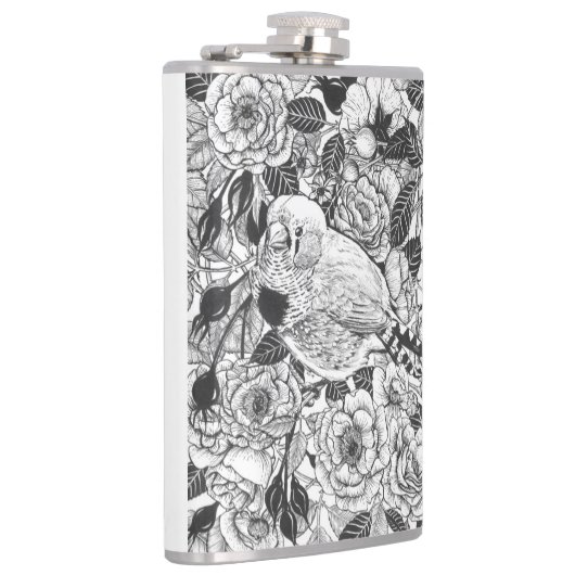 Zebra vinken en rozen struiken inkttekening heupfles (Rechts)