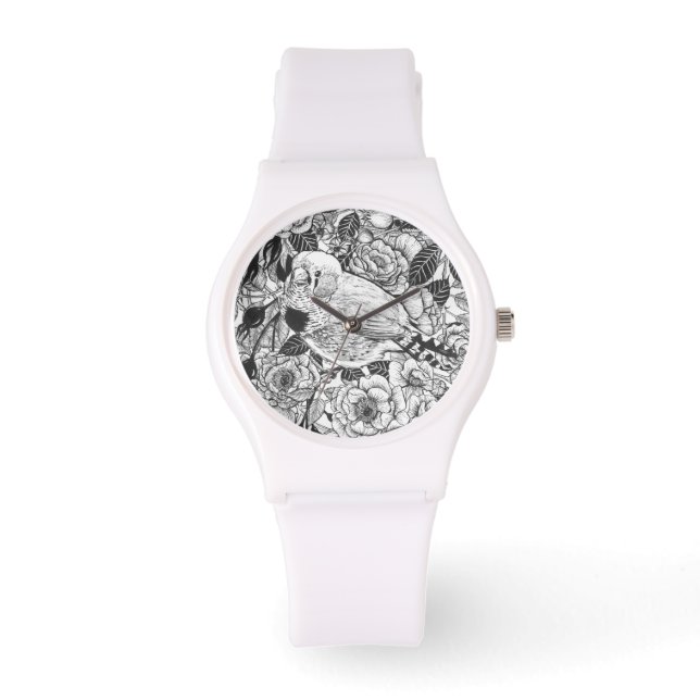 Zebra vinken en rozen struiken inkttekening horloge (Voorkant)