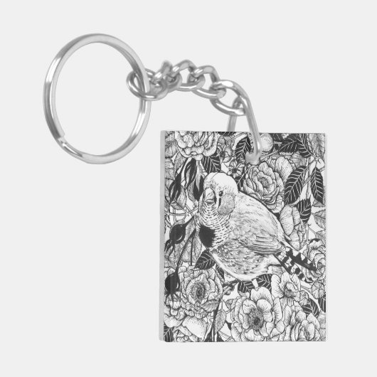 Zebra vinken en rozen struiken inkttekening sleutelhanger (Voorkant Links)