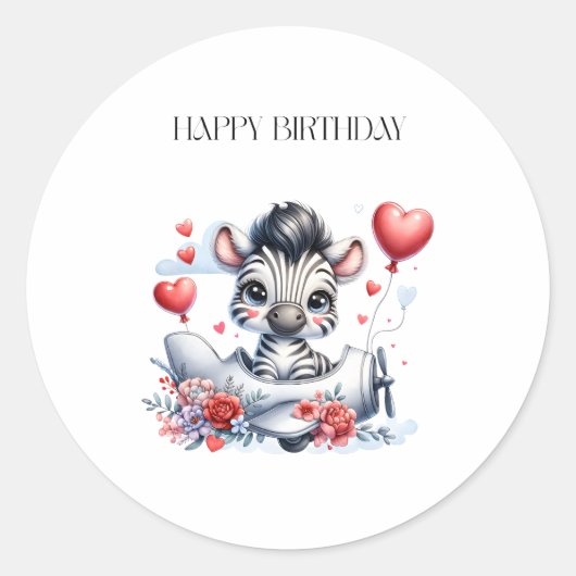 Zebra Vliegtuig Verjaardag Ronde Sticker (Voorkant)
