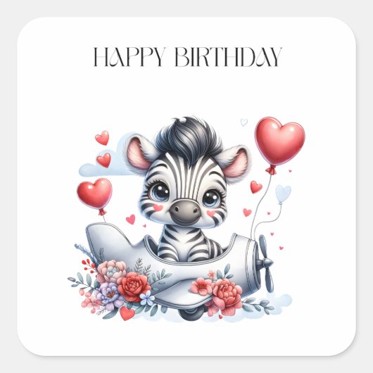 Zebra Vliegtuig Verjaardag Vierkante Sticker (Voorkant)