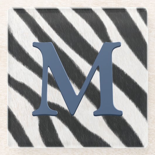 Zebra voor het afdrukken van blauwgrijs monogram glazen onderzetter (Voorkant)